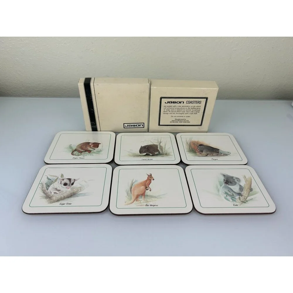 Jason Coasters Australian Animal Wildlife Set 6 Cork Back Kangaroo Koala Wombat